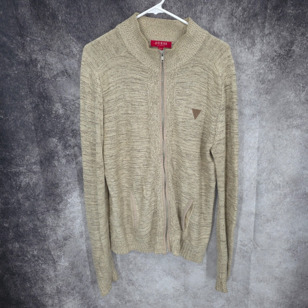 Guess Sweater Mens Large Beige Brown Full Zip Long Sleeve Knit Acrylic Blend